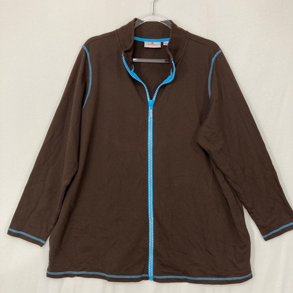 Quacker‎ Factory Zip Up Knit Jacket 1X Brown Turquoise Contrast Rhinestone